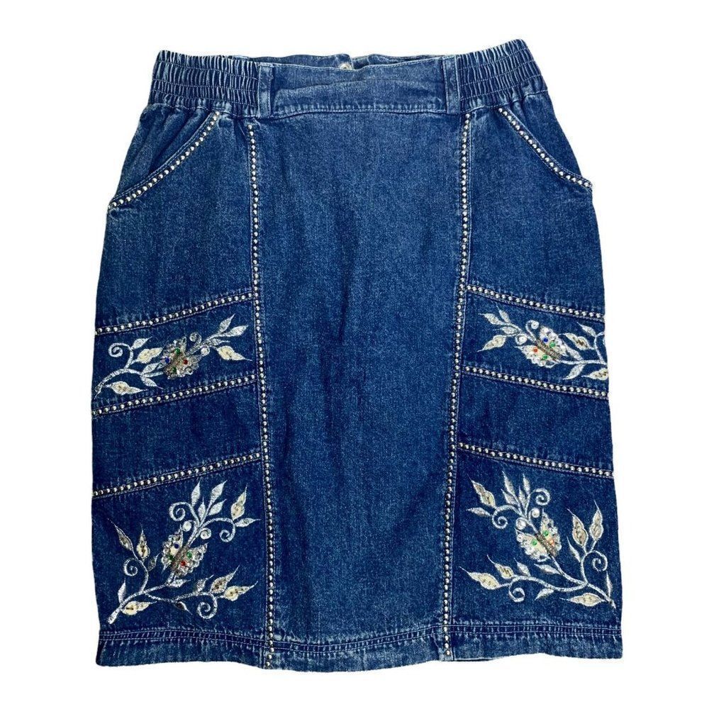 Vintage 80s Studded Denim Skirt M Med Wash Embroidered Pockets Snap